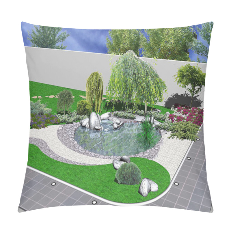 Personality  Hardscapes And Koi Pond, 3d Rendering Pillow Covers