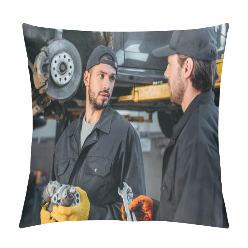 Personality  Auto Mechanics Working With Car And Tools In Workshop Pillow Covers