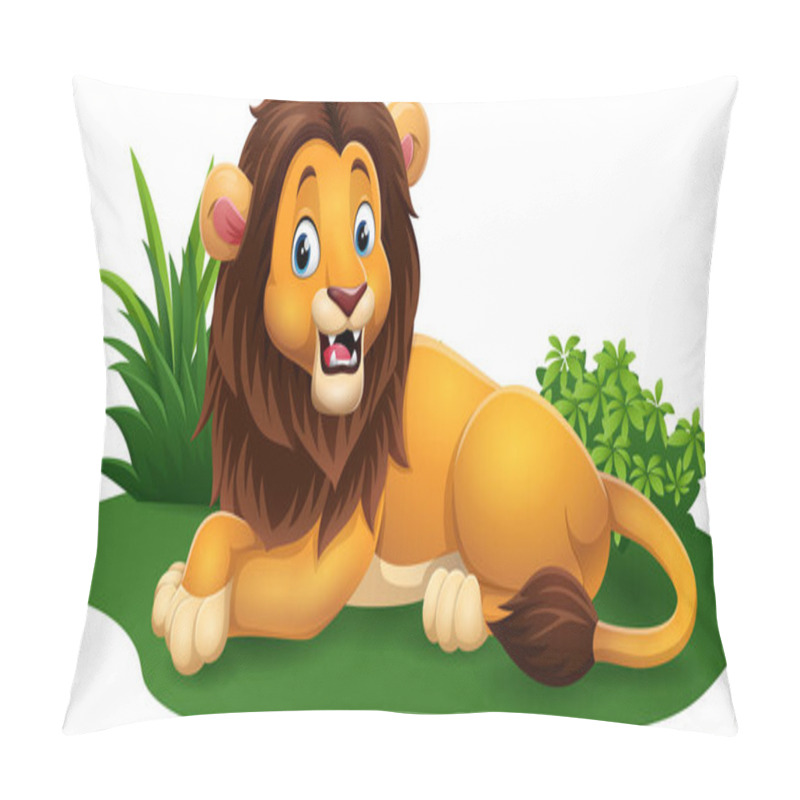 Personality  Vector Illustration Of Cartoon Happy Sitting Lion In Grass Pillow Covers