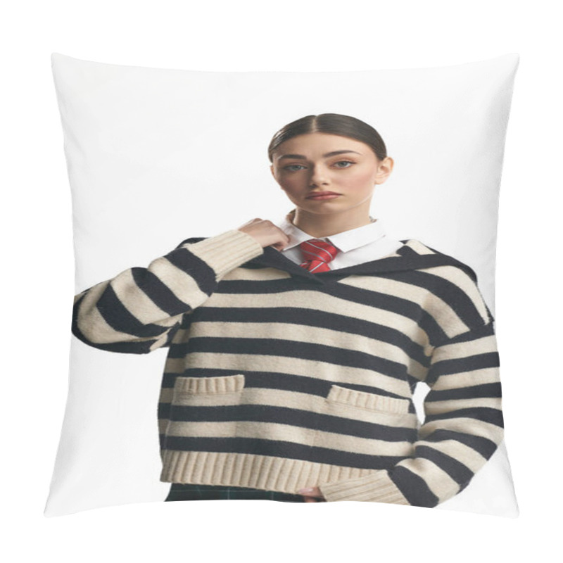 Personality  A Young Beautiful Woman Wearing A Striped Sweater Looks Thoughtfully With A Serious Expression. Pillow Covers