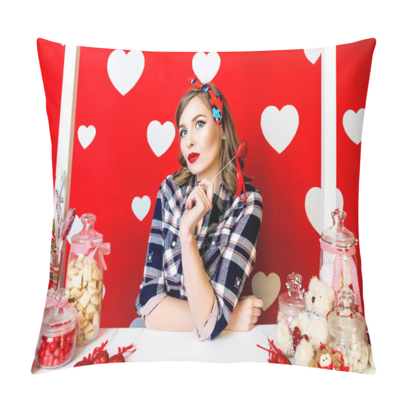 Personality  Beautiful Young Woman In Pin-up Style On Red With White Hearts Background Pillow Covers