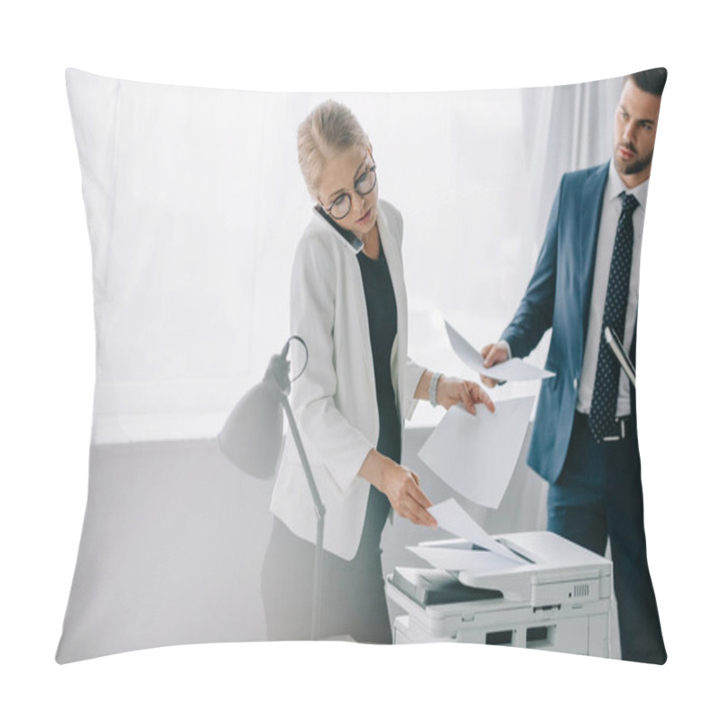 Personality  Pregnant Businesswoman Talking On Smartphone While Using Printer And Businessman With Papers Standing Behind In Office Pillow Covers