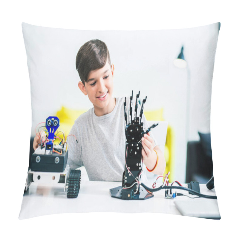 Personality  Cheerful Pleasant Boy Testing His Robotic Devices While Studying Modern Engineering Pillow Covers