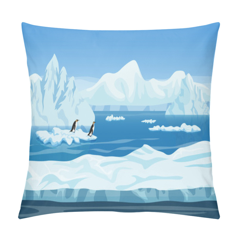 Personality  Cartoon Nature Winter Arctic Ice Landscape With Iceberg, Snow Mountains Hills And Penguins. Vector Game Style Illustration. Seamless Background For Games. Pillow Covers