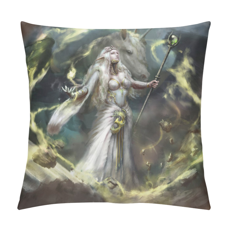 Personality  A Light Elf In A White Robe With Gold Accents And With A Staff In Her Hands Uses Magic, Behind Her Is A Unicorn. Digital Drawing Style, 2D Illustration Pillow Covers