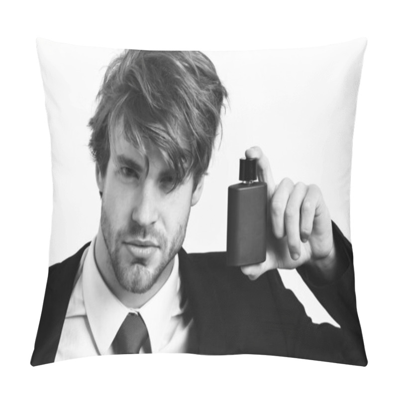 Personality  Caucasian Stylish Business Man Posing With Perfume Pillow Covers