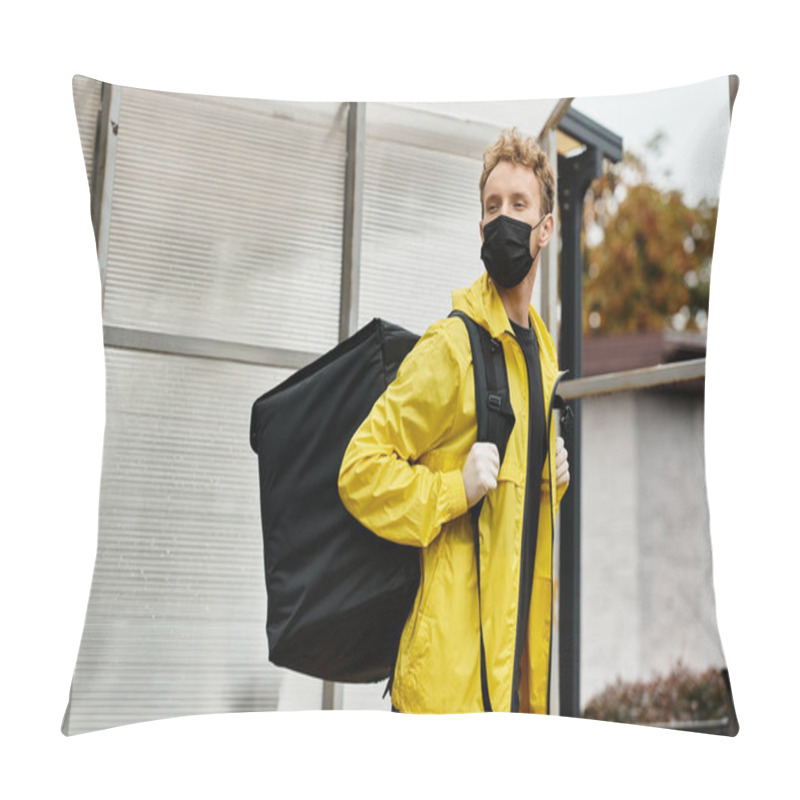 Personality  A Delivery Man Wearing A Black Mask Carries A Large Order Into A Bustling Office Building During Daylight. Pillow Covers