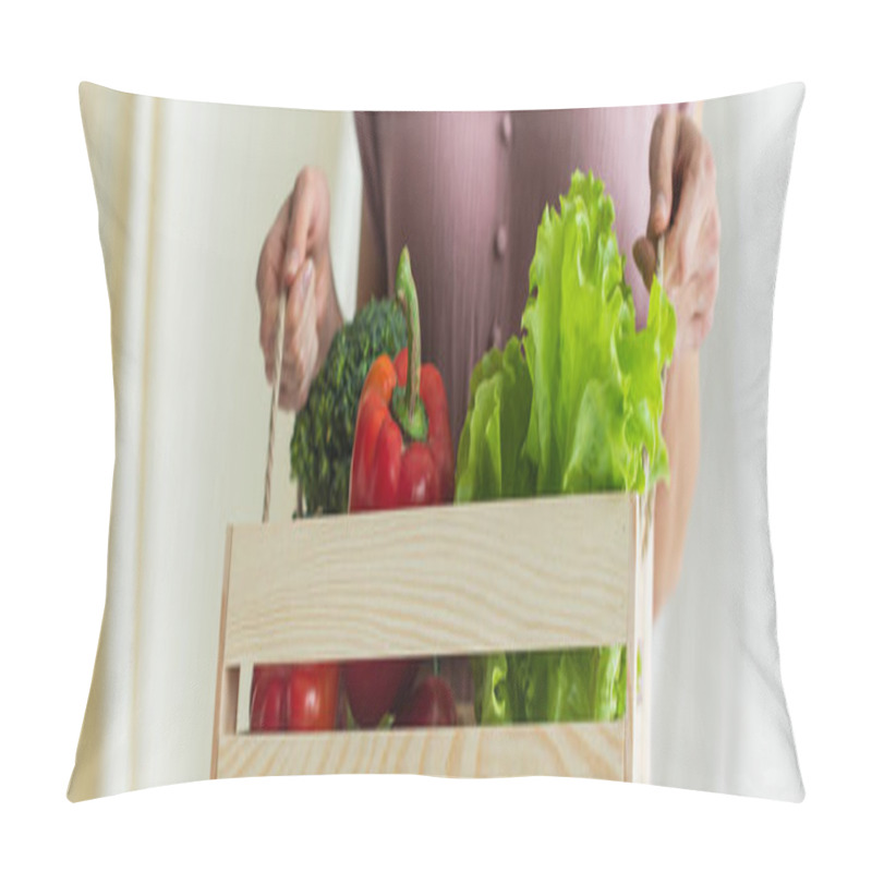 Personality  Cropped View Of Woman Holding Wooden Box With Vegetables On White, Banner Pillow Covers