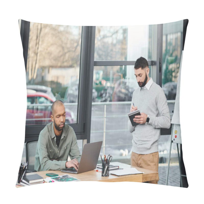 Personality  Two Men Deeply Engrossed In Their Laptops, Engaged In A Collaborative Coding Session At A Modern Office Table, Diversity And Inclusion Pillow Covers