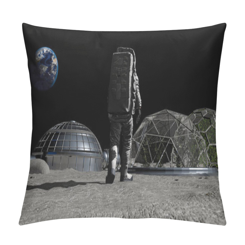 Personality  3D Rendering. Sci-fi Scene. The Colony Of The Future On The Moon. Astronaut Walking On The Moon. CG Animation. Elements Of This Image Furnished By NASA. Pillow Covers