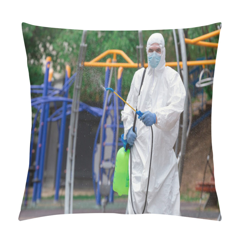 Personality  Man Wearing Protective Suit Disinfecting The Playground  With Spray Chemicals To Preventing The Spread Of Coronavirus, Pandemic In Quarantine City. Pillow Covers