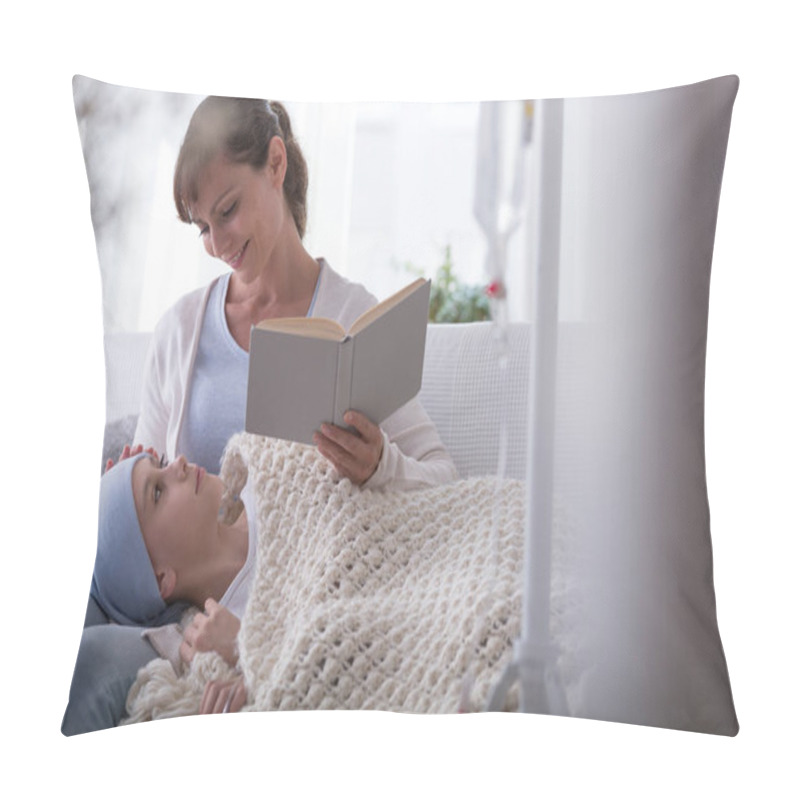 Personality  Smiling Mother Reading Book To Sick Child With Cancer Wearing Headscarf Pillow Covers