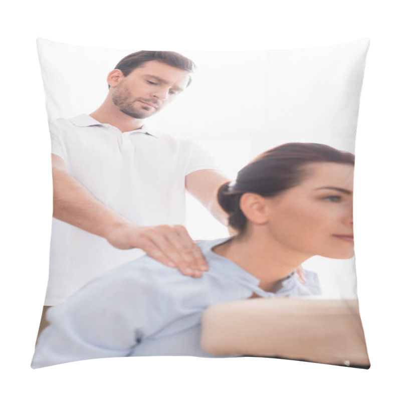 Personality  Focused Masseur Doing Shoulders Massage Of Positive Female Client On Blurred Foreground Pillow Covers