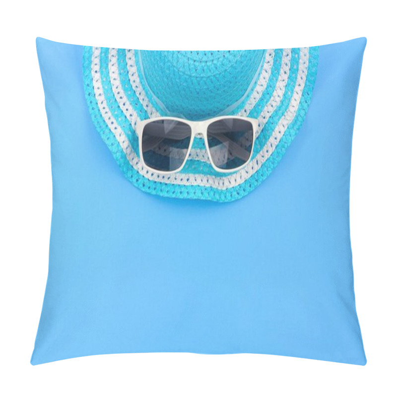 Personality  Summer Hat With Sunglasses. Top View, Minimal Concept Over A Blue Background. Top Border Orientation. Pillow Covers