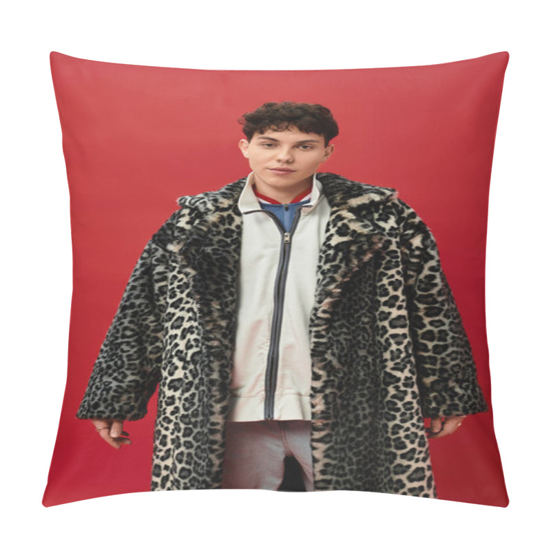 Personality  A Handsome Man Stands Confidently In A Leopard Print Coat Against A Bold Red Wall, Exuding Style. Pillow Covers