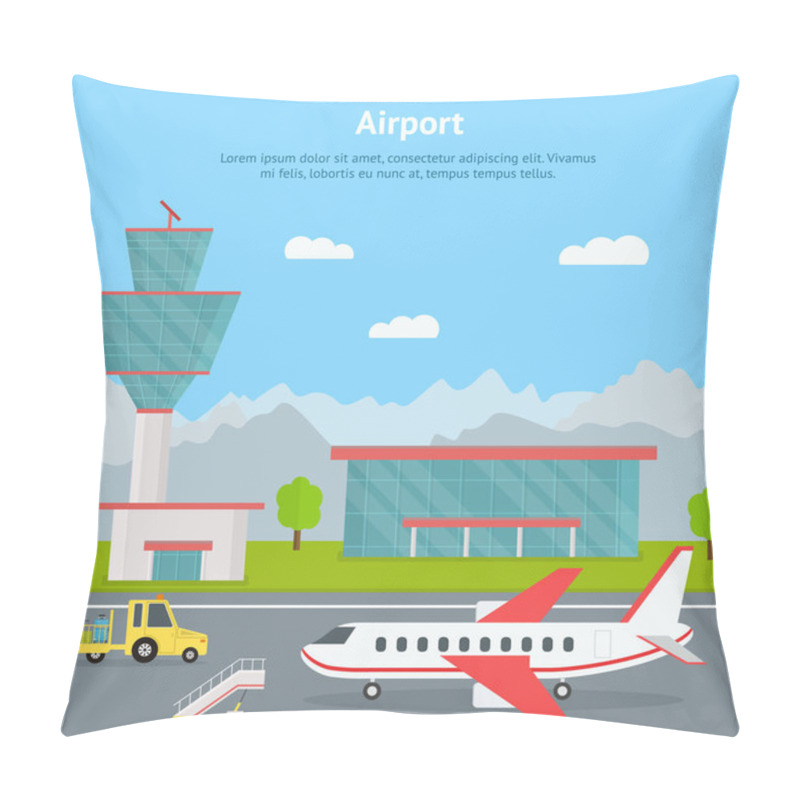 Personality  Cartoon Airport Building And Airplanes Card. Vector Pillow Covers