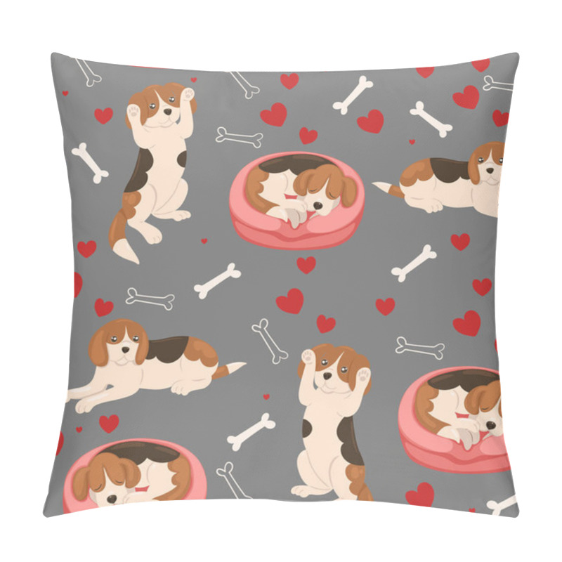 Personality  Seamless Pattern Of Beagle Dogs, Hearts And Bones. Vector Image. Pillow Covers