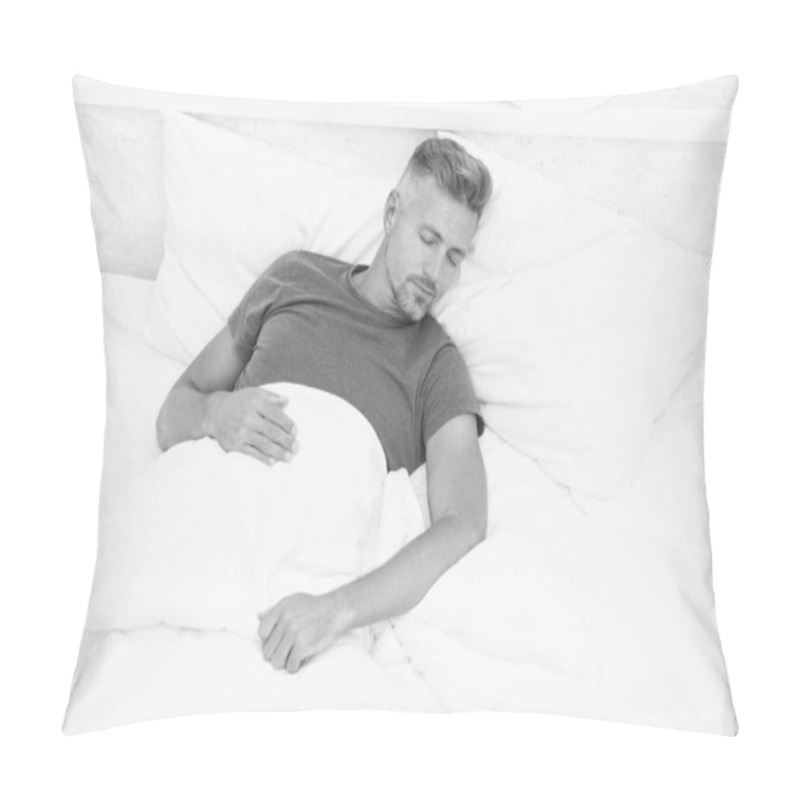 Personality  Good Sleep Is Reachable Dream. World Sleep Day. Benefits Of Good And Healthy Sleep. Breathe Easily, Sleep Well. Handsome Man In Bed. Sleeping Guy At Home. Need More Rest. Peaceful Mature Man Relaxing Pillow Covers