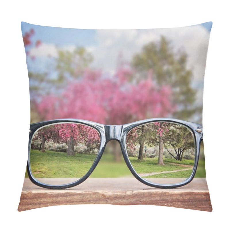 Personality  Hipster Glasses On A Park Bench Or Table With A Pretty Pink Tree In The Background Pillow Covers