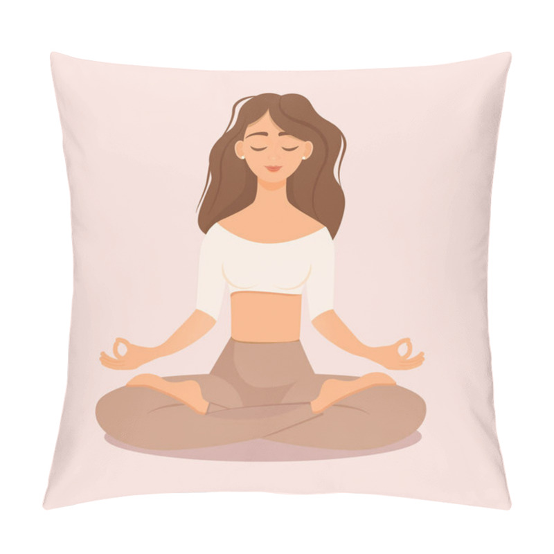 Personality  Young Brunette Girl Sitting In Lotus Pose At Home. Vector Illustration Isolated On Pink Background Of The Woman Doing Yoga, Meditation, Healthy Lifestyle. Crossed Legs. Pastel Color Pillow Covers