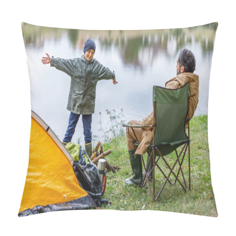 Personality  Father And Son In Camping At Lake Pillow Covers