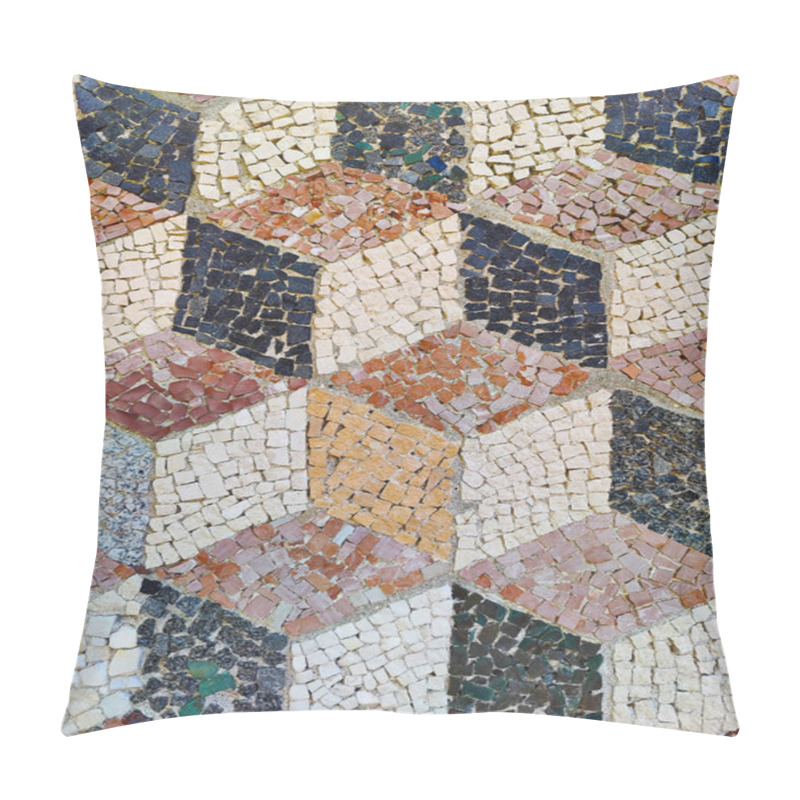 Personality  A Vibrant Mosaic Floor Showing An Intricate 3D Cube-like Pattern, Crafted From Small, Multi-colored Stones. This Visually Engaging Design Combines Earthy And Neutral Colors, Arranged To Create The Illusion Of Depth And Dimensionality. Pillow Covers