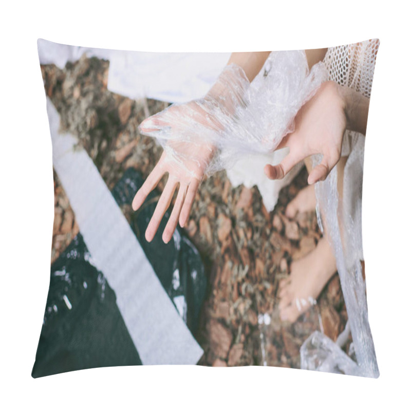 Personality  A Womans Hand Emerges From A Pile Of Plastic Waste, With Only Her Hand Visible. Pillow Covers