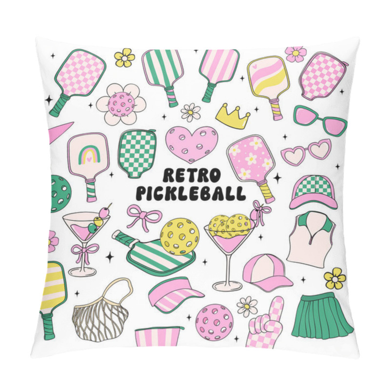 Personality  Retro Groovy Pickleball Vector Trendy Collection Doodle Drawing Pink And Green Element Set. Pillow Covers