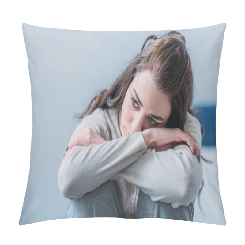 Personality  Selective Focus Of Beautiful Sad Woman Hugging Knees And Looking Away Pillow Covers