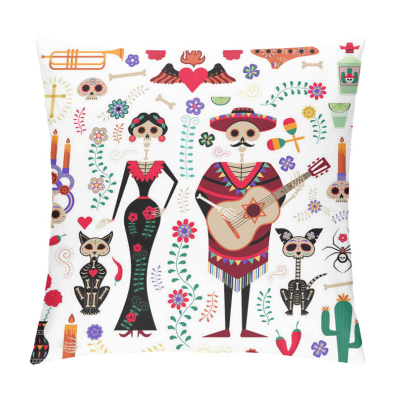 Personality  Mexican Day Of The Dead Festival Celebration Set With Skeletons In Traditional Mexican Cloths And Sombrero, Skulls, Musical Instruments, Flaming Candles, Flowers, Ornaments And Symbols. Pillow Covers