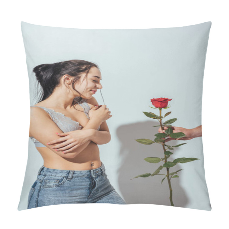 Personality  Cropped View Of Man Giving Red Rose To Shy Girl, Who Standing With Closed Eyes  Pillow Covers