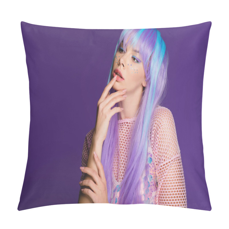 Personality  Attractive Woman Posing In Violet Wig With Stars On Face, Isolated On Purple Pillow Covers