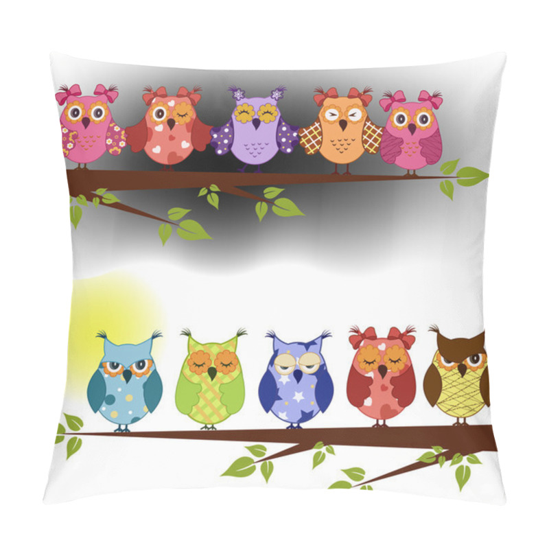 Personality  Family Of Owls Sat On A Tree Branch At Night And Day Pillow Covers