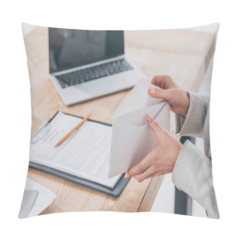 Personality  Partial View Of Businesswoman Holding Open Envelope In Hands At Workspace, Compensation Concept Pillow Covers