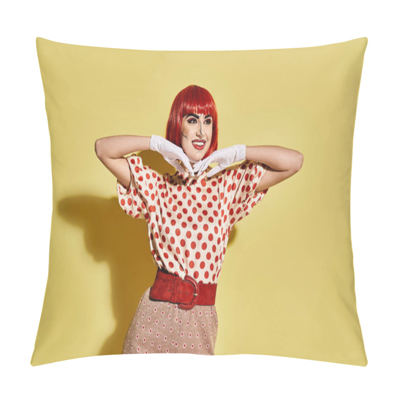 Personality  Vibrant Redhead Woman With Creative Pop Art Makeup In A Polka Dot Shirt On A Bright Yellow Background, Exuding Comic Book Character Vibes. Pillow Covers