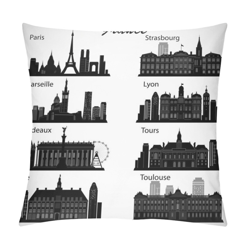 Personality  France Cities Skylines Set. Vector Silhouettes  Pillow Covers