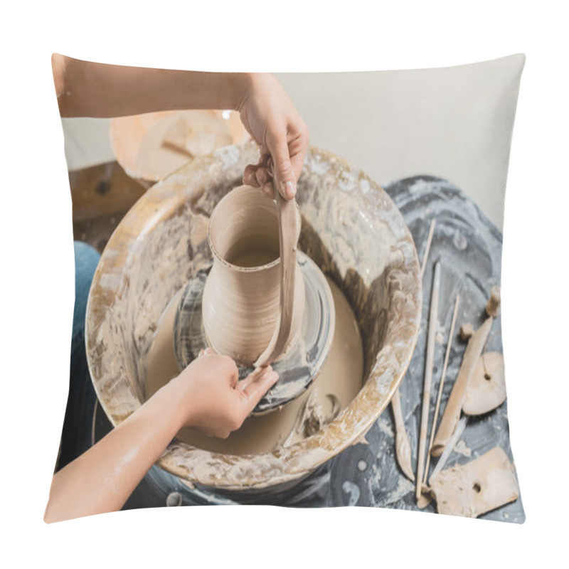 Personality  High Angle View Of Young Female Potter In Workwear Creating Clay Jug And Working With Pottery Wheel Near Wooden Tools On Table In Art Studio, Artisanal Pottery Production And Process Pillow Covers