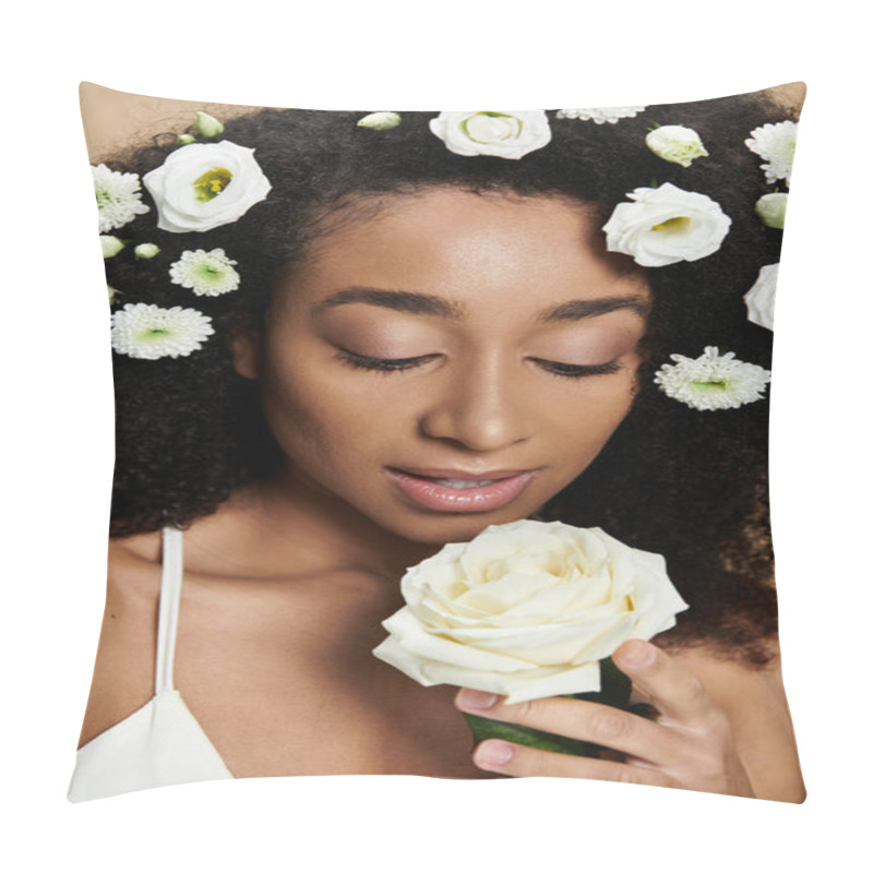 Personality  A Beautiful African American Woman With Natural Makeup And Flowers In Her Hair Looks Down At A White Rose In Her Hand. Pillow Covers