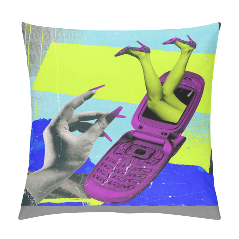 Personality  Retro Flip Phone With Female Legs In Stockings And Heels Sticking Out, And Vibrant Background. Contemporary Art Collage. Concept Of 90s Aesthetic, Nostalgia, Technology. Retro-themed Poster, Ad Pillow Covers