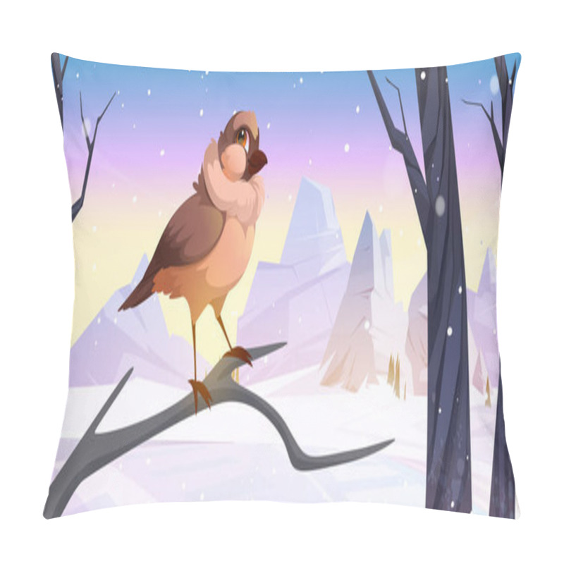 Personality  Cartoon Sparrow Bird Sitting On Branch At Winter Pillow Covers