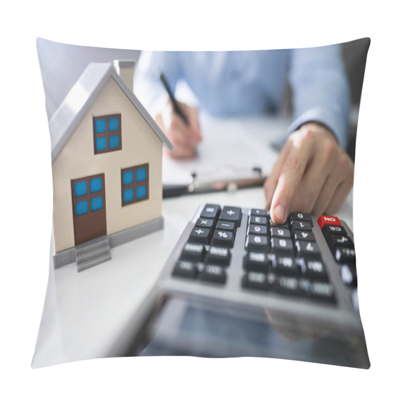 Personality  Close-up Of A Person Hand Calculating A Real Estate Property Tax On Wooden Desk Pillow Covers