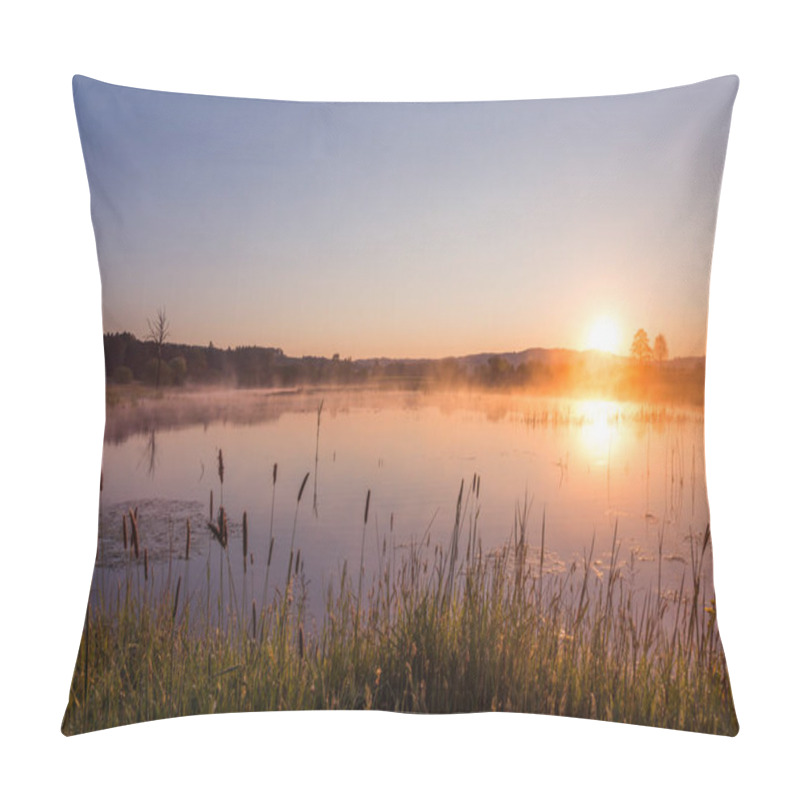 Personality  Misty Golden Sunrise Reflecting Over Lake In Spring Pillow Covers