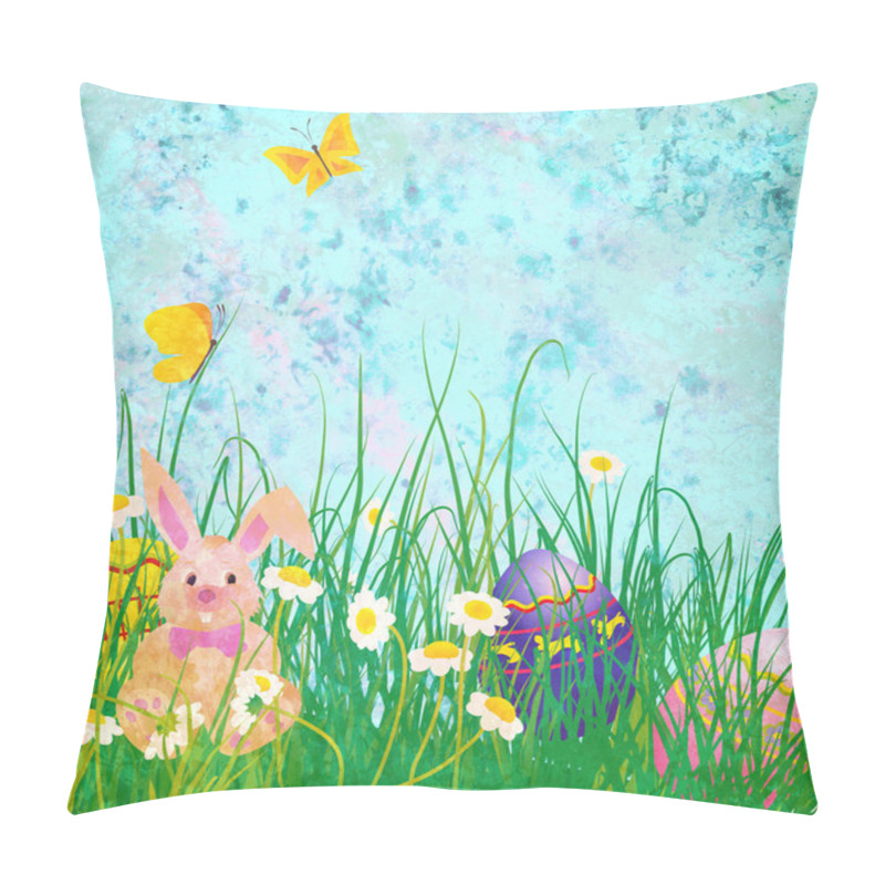 Personality  Easter Rabbit With Daisies Flowers And Butterfly On Grunge Paper Pillow Covers