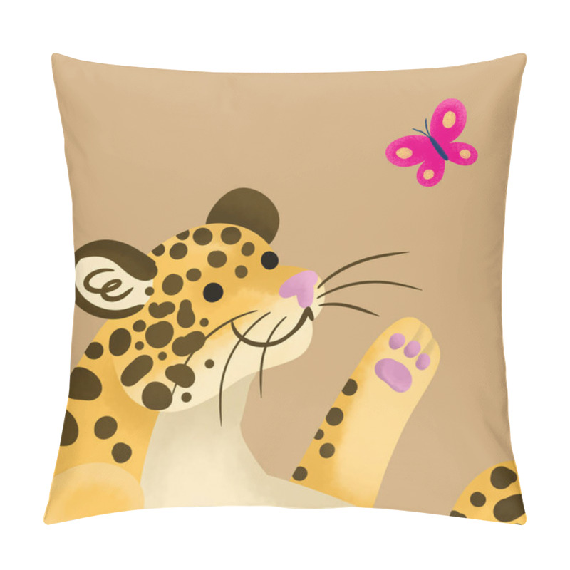 Personality  Playful Cartoon-style Leopard With Spots, Interacting With A Pink Butterfly On A Beige Background. Perfect For Children's Designs And Decor. Pillow Covers