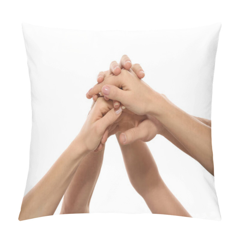 Personality  Young People Holding Hands Together On White Background, Closeup. Team Victory Concept Pillow Covers