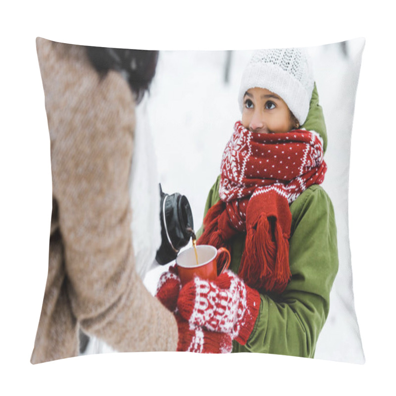 Personality  Cropped View Of Mother Giving Tea To Cute African American Daughter In Snowy Forest Pillow Covers