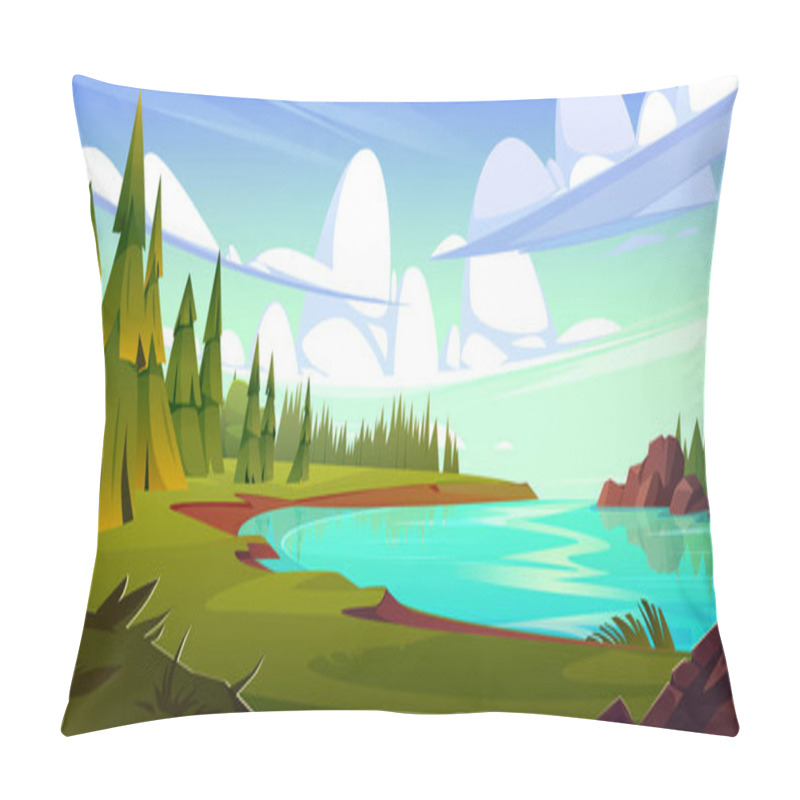 Personality  River Landscape With Green Forest. Vector Cartoon Illustration Of Beautiful Natural Background, Evergreen Fir Trees And Stones Near Lake Water With Reflection On Clear Surface, Clouds In Sunny Sky Pillow Covers