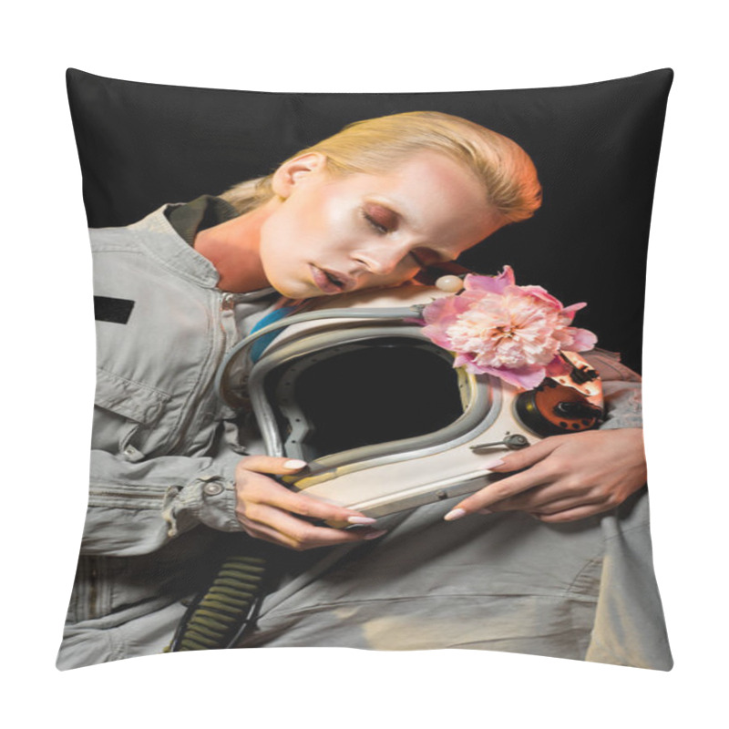 Personality  Sensual Female Astronaut In Spacesuit With Peony Flower And Helmet, Isolated On Black Pillow Covers