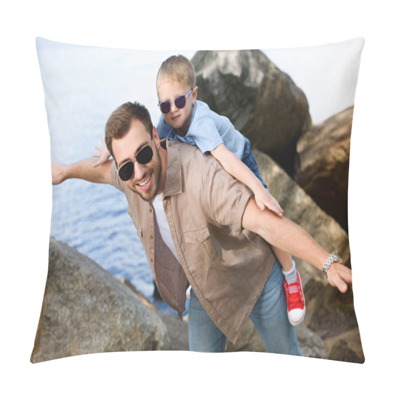 Personality  Happy Father Giving Piggy Back To Son Near Lake At Park Pillow Covers