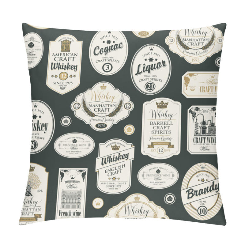 Personality  Vector Seamless Pattern With Collage Of Labels For Various Alcoholic Beverages In Retro Style With Inscriptions Of Whiskey, Liquor, Cognac, Wine, Brandy. Pillow Covers